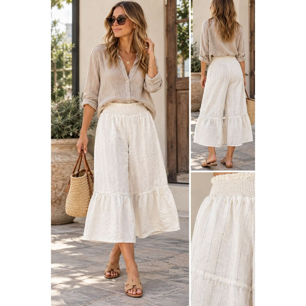 Calypso St. Barth SMALL White Linen Silver Striped Wide Palazzo Women's Pants